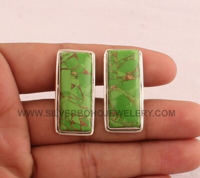 Green Copper Turquoise Cufflink - 925 Sterling Silver Cufflink - Gemstone Cufflink Jewelry - Bar Cufflink - Men's Cufflink Gift For Him
