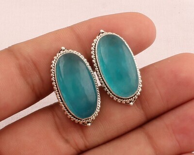 Blue Jade Gemstone Cufflink - 925 Sterling Silver Cufflink - Gemstone Cufflink Jewelry - Oval Cufflink - Men's Cufflink Gift For Him