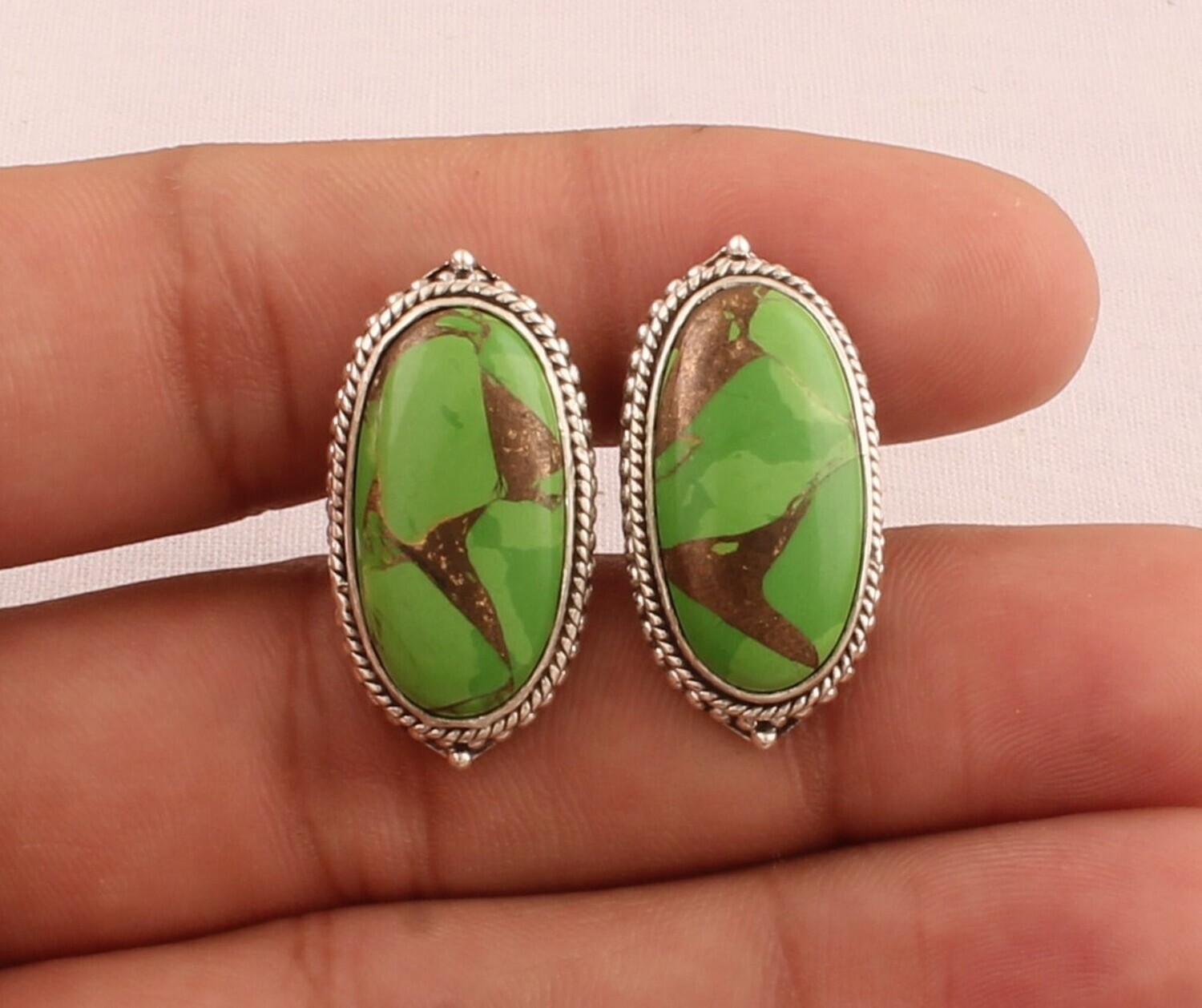 Green Copper Turquoise Cufflink - 925 Sterling Silver Cufflink - Gemstone Cufflink Jewelry - Oval Cufflink - Men's Cufflink Gift For Him