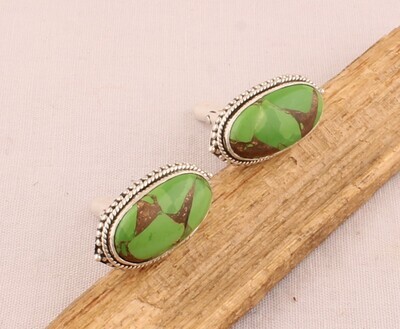 Green Copper Turquoise Cufflink - 925 Sterling Silver Cufflink - Gemstone Cufflink Jewelry - Oval Cufflink - Men's Cufflink Gift For Him