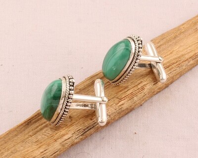 Malachite Gemstone Cufflink - 925 Sterling Silver Cufflink - Gemstone Cufflink Jewelry - Oval Cufflink - Men's Cufflink Gift For Him
