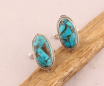 Blue Copper Turquoise Cufflink - 925 Sterling Silver Cufflink - Gemstone Cufflink Jewelry - Oval Cufflink - Men's Cufflink Gift For Him