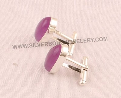 Purple Jade Gemstone Cufflink - 925 Sterling Silver Cufflink - Gemstone Cufflink Jewelry - Oval Cufflink - Men's Cufflink Gift For Him