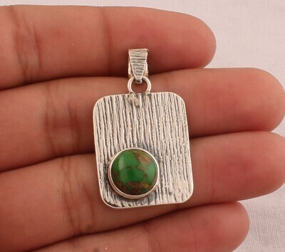 Green Copper Turquoise Round Solid 925 Sterling Silver Necklace Pendant For Women