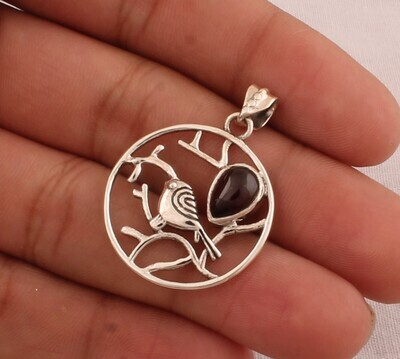 Red Garnet Round Solid 925 Sterling Silver Necklace , 
 Bird design pendant , Leaves Design Pendant , Pendant For Women Gift For Her