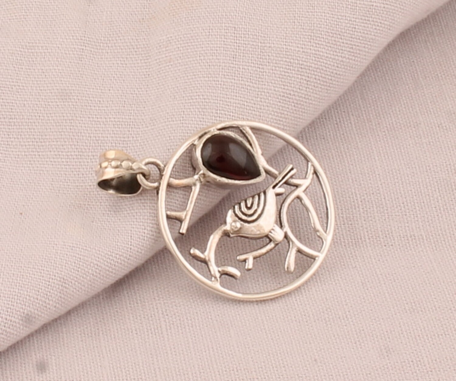 Red Garnet Round Solid 925 Sterling Silver Necklace , 
 Bird design pendant , Leaves Design Pendant , Pendant For Women Gift For Her