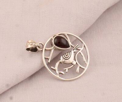 Red Garnet Round Solid 925 Sterling Silver Necklace , 
 Bird design pendant , Leaves Design Pendant , Pendant For Women Gift For Her