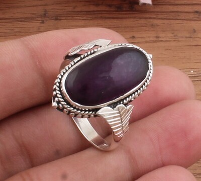 Purple Jade Oval Gemstone Solid 925 Sterling Silver Ring For Women - Handmade Carved Silver Leaves Ring For Wedding Gifts- Purple Stone Ring