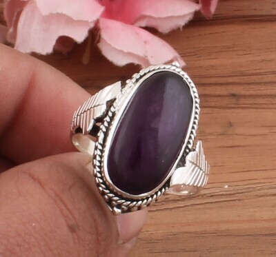 Purple Jade Oval Gemstone Solid 925 Sterling Silver Ring For Women - Handmade Carved Silver Leaves Ring For Wedding Gifts- Purple Stone Ring