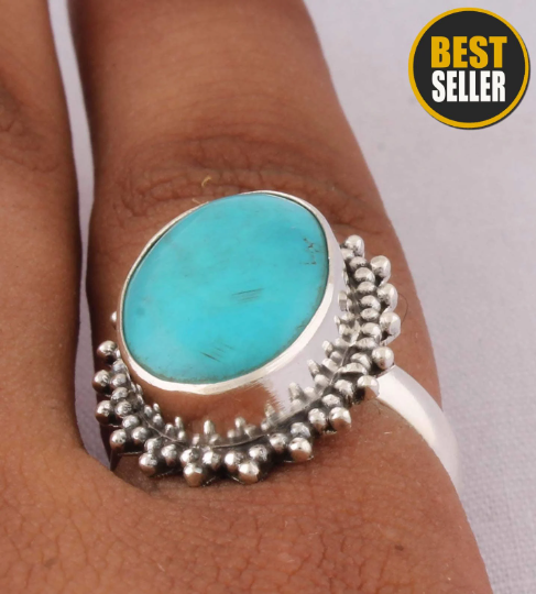 Natural Sleeping Beauty Turquoise AAA+Quality Gemstone Ring, Boho Oval Ring,925-Sterling Silver Ring,Antique Silver Ring Midder Finger Ring