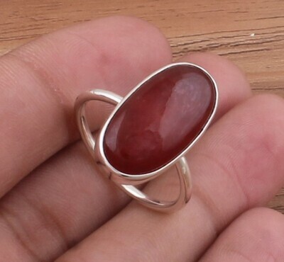 Red Jade Oval Gemstone Solid 925 Sterling Silver Ring For Women - Handmade Jade Silver Simple Ring For Wedding Gifts - Red Stone Ring