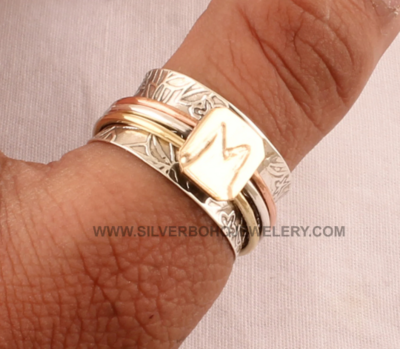 Custom Initial Spinner Ring - 925 Sterling Silver &amp; Brass Carved Letter Ring - Handmade Personalized Name Letter Ring - Initial Ring For Her