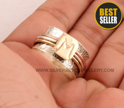 Custom Initial Spinner Ring - 925 Sterling Silver &amp; Brass Carved Letter Ring - Handmade Personalized Name Letter Ring - Initial Ring For Her
