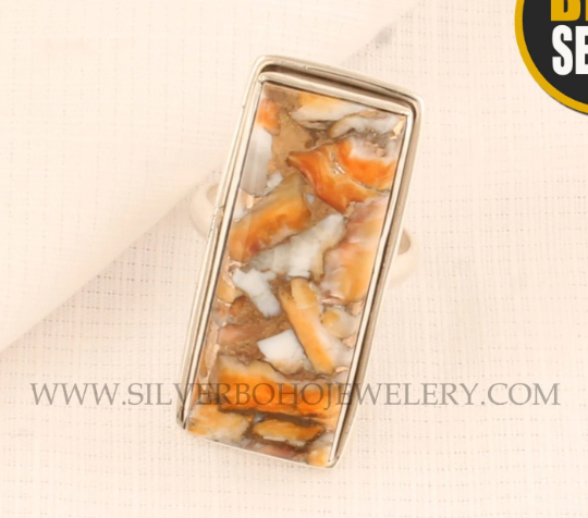 Oyster Copper Turquoise Rectangle Gemstone Silver Ring - 925 Sterling Silver Ring - Oyster Gemstone Ring - Handmade Jewelry For Women Gift