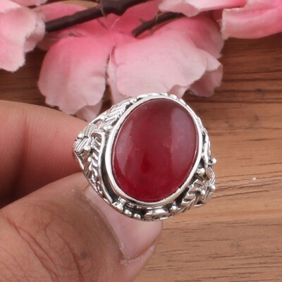 Red Jade Oval Gemstone Solid 925 Sterling Silver Ring For Women - Handmade Carved Silver Leaves Ring For Wedding Gifts Her- Red Stone Ring