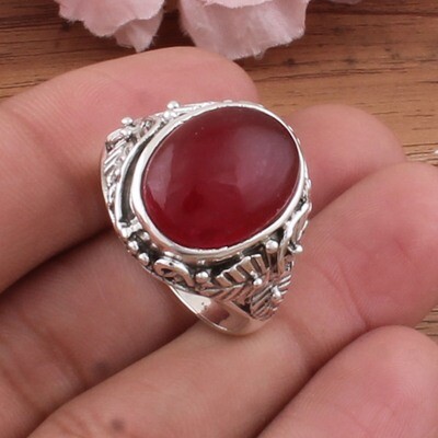 Red Jade Oval Gemstone Solid 925 Sterling Silver Ring For Women - Handmade Carved Silver Leaves Ring For Wedding Gifts Her- Red Stone Ring