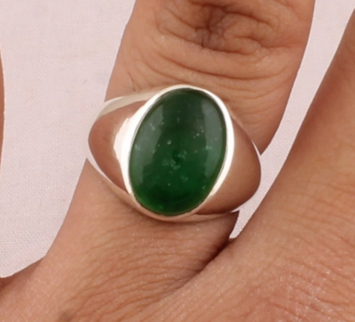 Green Jade Oval Shape Gemstone Silver Ring - 925 Sterling Solid Silver Ring - Semiprecious Gemstone Ring - June Birthstone - Gift For Her