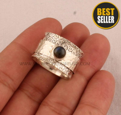 Labradorite Solid 925 Sterling Silver Spinner Ring For Women - Handmade Engraved Silver Band Ring - Worry Anxiety Meditation Ring Gift Idea
