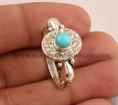 Turquoise Round Gemstone Ring / 925 Sterling Silver Ring / Handmade Carved Leaves Silver Ring / Women Wedding Jewelry / Valentine's Day Gift