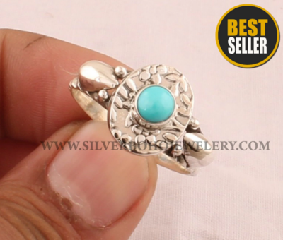 Turquoise Round Gemstone Ring / 925 Sterling Silver Ring / Handmade Carved Leaves Silver Ring / Women Wedding Jewelry / Valentine's Day Gift