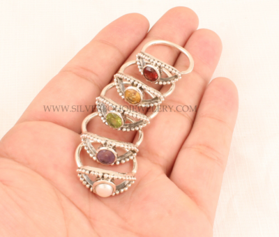 Natural Multi Round Shape Gemstone Silver Ring - 925 Sterling Solid Silver Ring - Designer Handmade Evil Eye Silver Ring - Gift For Women