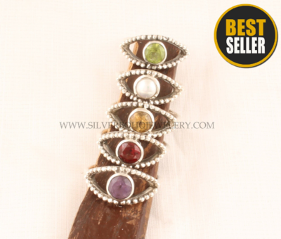 Natural Multi Round Shape Gemstone Silver Ring - 925 Sterling Solid Silver Ring - Designer Handmade Evil Eye Silver Ring - Gift For Women