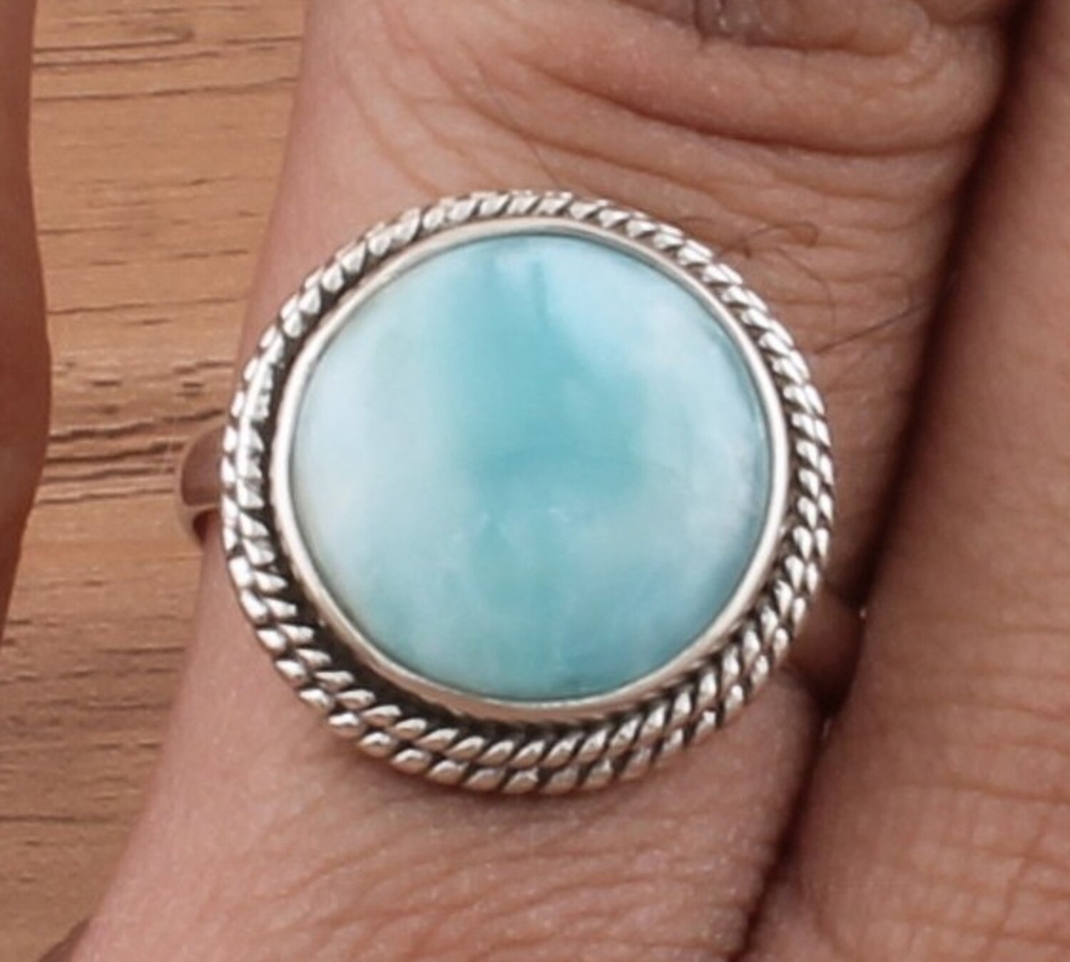 Natural Larimar Ring - Solid 925 Sterling Silver Ring - Designer Ring - Engagement Round Shape Ring - Handmade Ring For Women Gifts Idea
