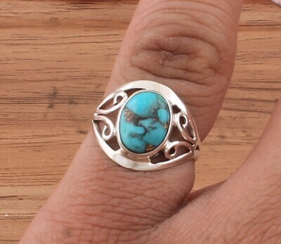 Blue Copper Turquoise Oval Gemstone Solid 925 Sterling Silver Ring For Women - Handmade Silver Leaves Ring For Wedding Gifts Her- Blue Stone Ring