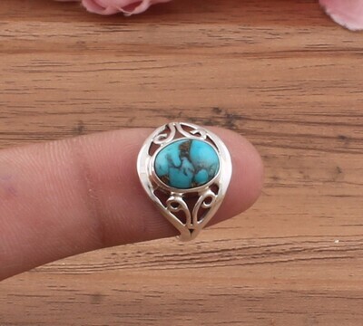 Blue Copper Turquoise Oval Gemstone Solid 925 Sterling Silver Ring For Women - Handmade Silver Leaves Ring For Wedding Gifts Her- Blue Stone Ring