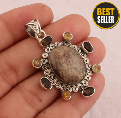 Natural Multi Gemstone Silver Pendant - 925 Sterling Silver Pendant - Designer Multi Spiral Pendant - Handmade Pendant - Christmas Gift