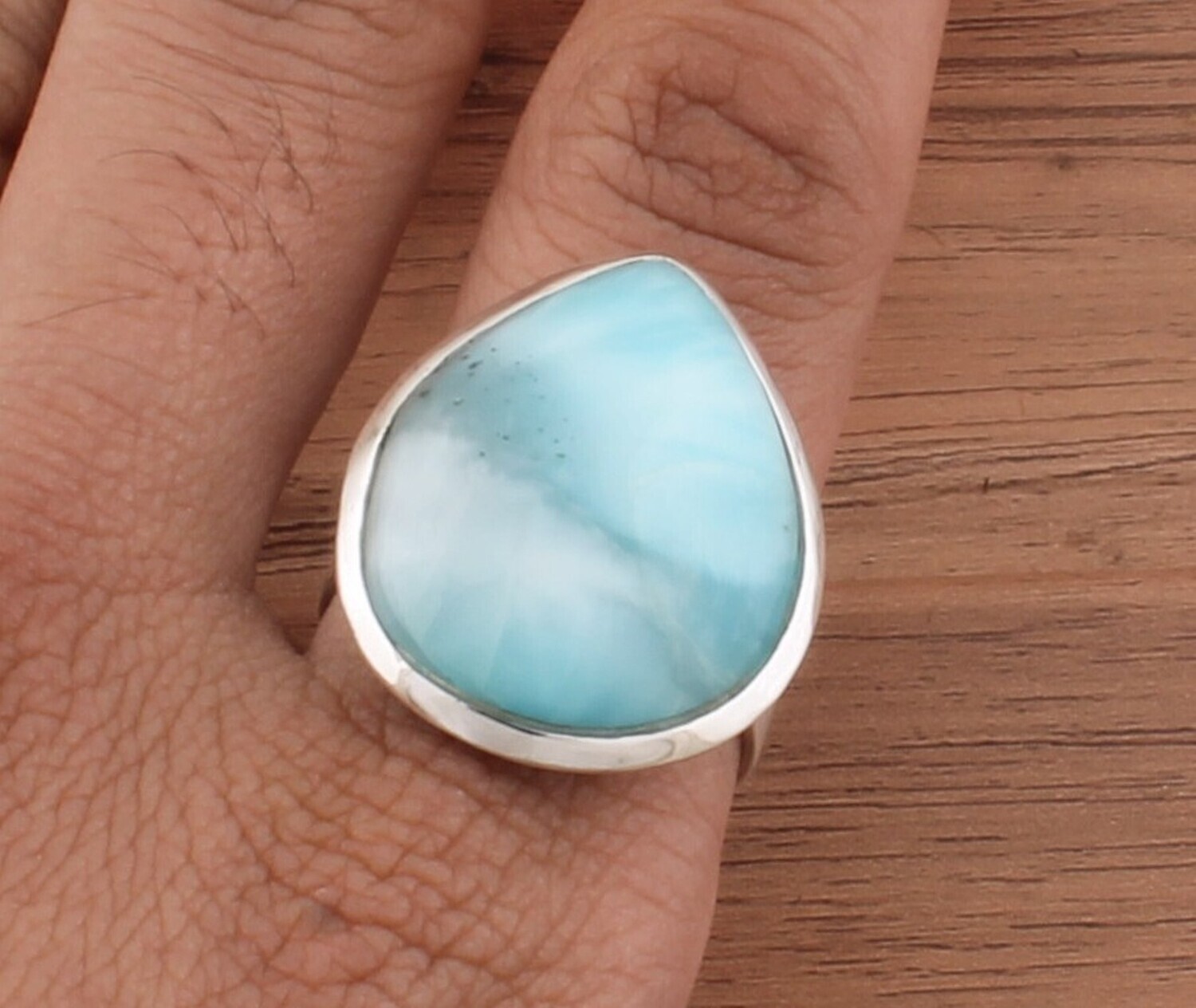 Natural Larimar Ring - Solid 925 Sterling Silver Ring - Designer Ring - Engagement Pair Shape Ring - Handmade Ring For Women Gifts Her