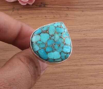 Heart Blue Copper Turquoise Oval Gemstone Solid 925 Sterling Silver Ring For Women - Handmade Silver Ring For Wedding Gifts Her- Blue Stone Ring