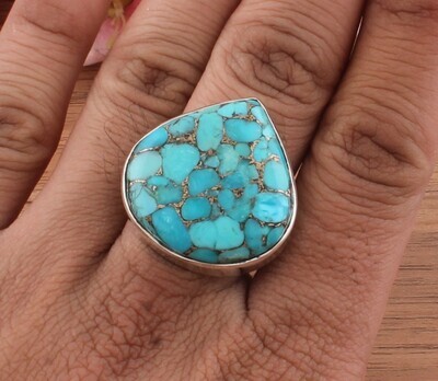 Heart Blue Copper Turquoise Oval Gemstone Solid 925 Sterling Silver Ring For Women - Handmade Silver Ring For Wedding Gifts Her- Blue Stone Ring