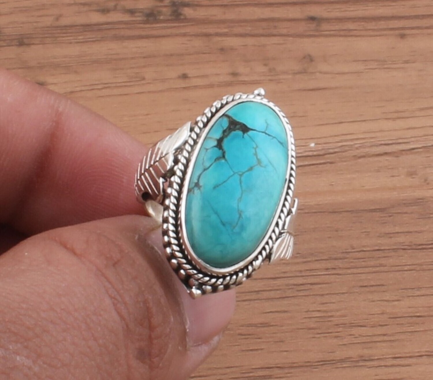 Tibetan Turquoise Oval Gemstone Solid 925 Sterling Silver Ring For Women - Handmade Carved Silver Leaves Ring For Wedding Gifts Her- Tibetan Stone Ring