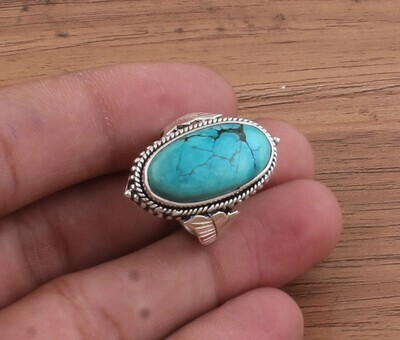 Tibetan Turquoise Oval Gemstone Solid 925 Sterling Silver Ring For Women - Handmade Carved Silver Leaves Ring For Wedding Gifts Her- Tibetan Stone Ring