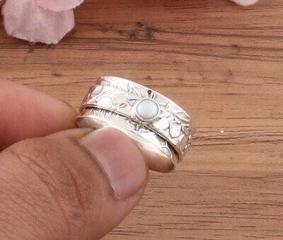 White Pearl Spinner Ring 925-Sterling Solid Silver Ring, Band Ring, Engagement Ring, Designer Band Ring, Wedding Gifts Idea, Finger Band Ring