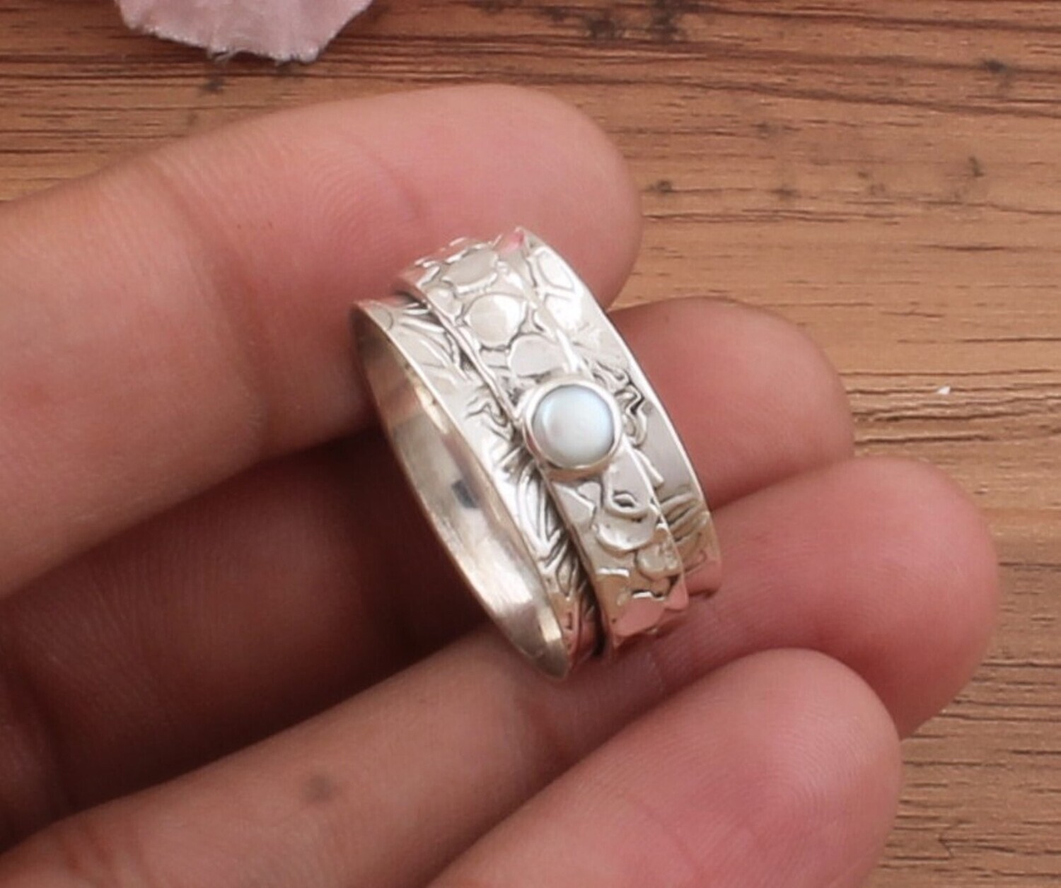 White Pearl Spinner Ring 925-Sterling Solid Silver Ring, Band Ring, Engagement Ring, Designer Band Ring, Wedding Gifts Idea, Finger Band Ring