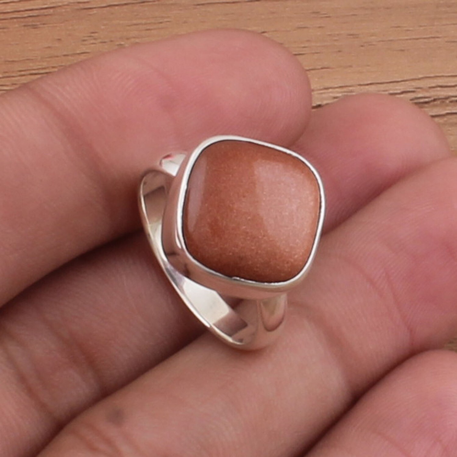 Sun Stone Ring - Solid 925 Sterling Silver Ring - Simple Ring - Engagement Cushion Shape Ring - Handmade Ring For Women Gifts Idea