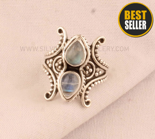Natural Rainbow Moonstone Silver Ring For Her - 925 Sterling Silver Handmade Design Two Stone Silver Ring - June Birthstone Etsy Cyber 2021