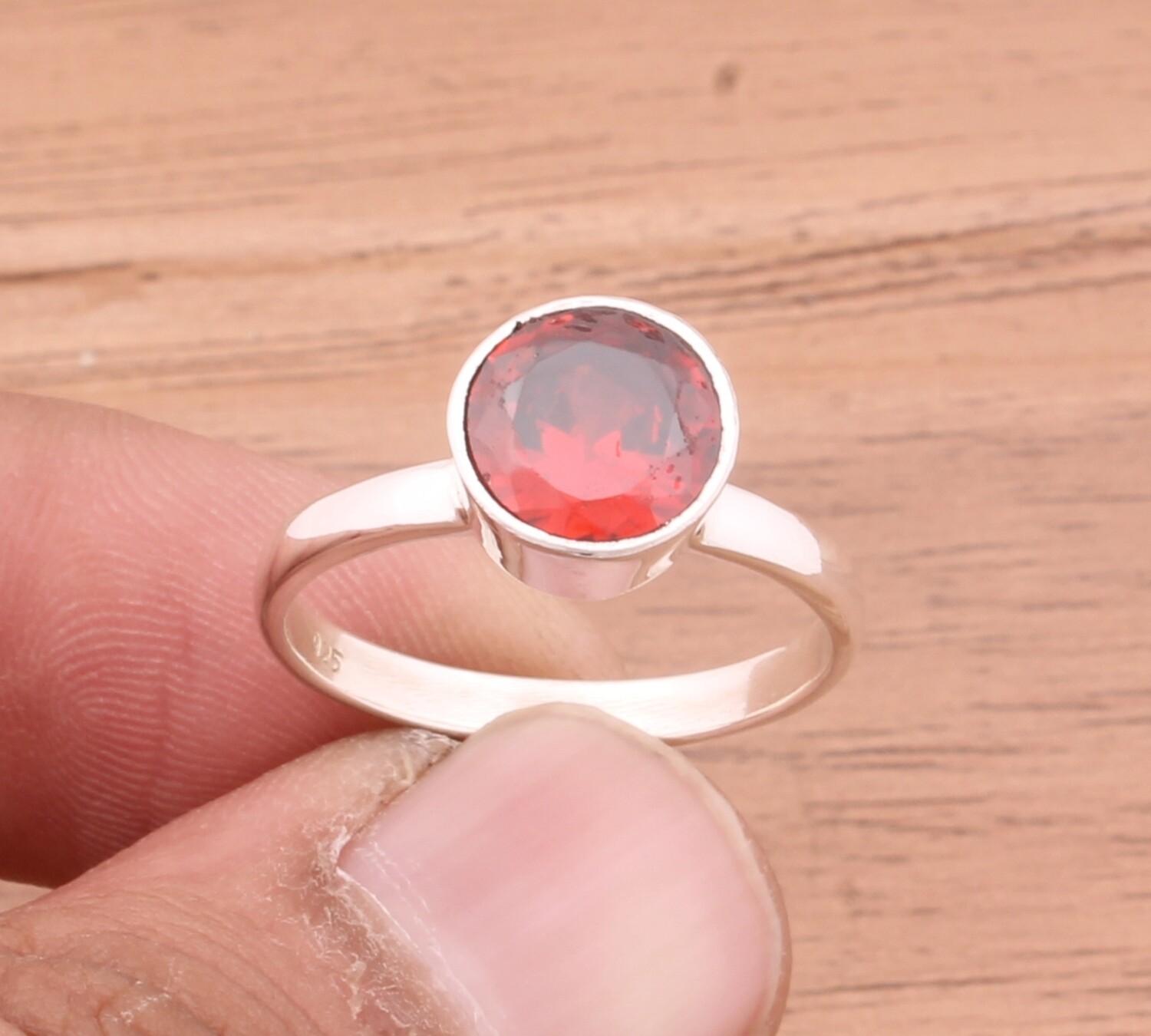 Red Garnet Solid 925 Sterling Silver Ring For Wedding - Designer Handmade Bohemia Round Shape Red Garnet Bridesmaid Ring - For Women Gifts Idea