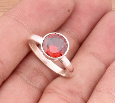 Red Garnet Solid 925 Sterling Silver Ring For Wedding - Designer Handmade Bohemia Round Shape Red Garnet Bridesmaid Ring - For Women Gifts Idea