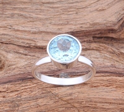 Blue Topaz Solid 925 Sterling Silver Ring For Wedding - Simple Handmade Bohemia Round Shape Ring - For Women Gifts Her
