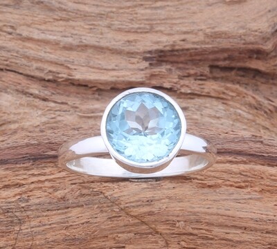 Blue Topaz Solid 925 Sterling Silver Ring For Wedding - Simple Handmade Bohemia Round Shape Ring - For Women Gifts Her
