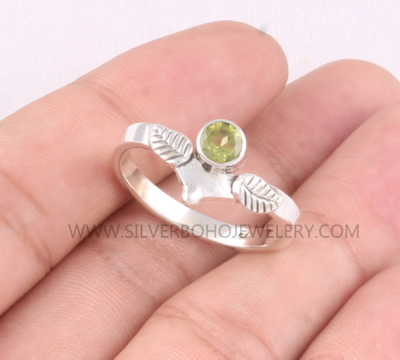 Natural Peridot Engraved Carved Leaves Band Solid 925 Sterling Silver Round Gemstone Ring For Women - Handmade Designer Band Ring For Women