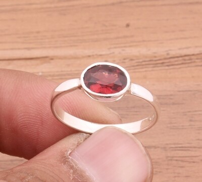 Natural Red Garnet Solid 925 Sterling Silver Ring For Wedding - Simple Handmade Oval Shape Bridesmaid Ring - For Women Weddings Gifts Idea