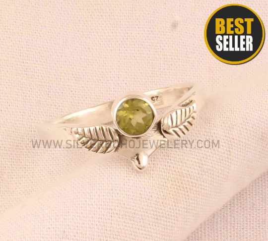 Natural Peridot Engraved Carved Leaves Band Solid 925 Sterling Silver Round Gemstone Ring For Women - Handmade Designer Band Ring For Women