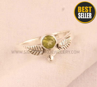 Natural Peridot Engraved Carved Leaves Band Solid 925 Sterling Silver Round Gemstone Ring For Women - Handmade Designer Band Ring For Women