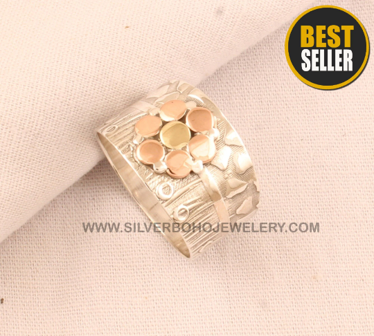 Solid Silver Flower Band Ring - 925 Sterling Silver &amp; Brass Band Ring - Fancy Band Thumb Ring - Handmade Silver Band Ring - Present For Her