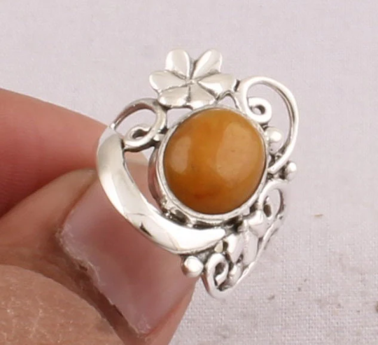 Flower Yellow Jade Oval Gemstone Silver Ring, 925 Solid Sterling Silver Ring, Anniversary Waddings Gifts For her