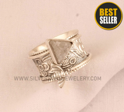 White Druzy Solid 925 Sterling Silver Honey Bee Spinner Ring For Women - Meditation Ring - Handmade Druzy Ring For Wedding Anniversary Gift